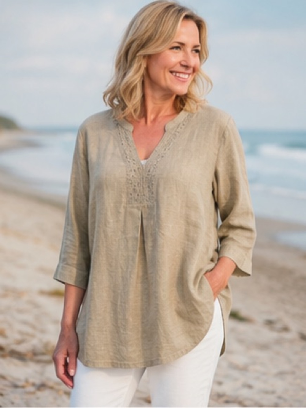 Emily Daniels XL Linen Blend Tunic Top Olive Crochet Trim Boho Coastal